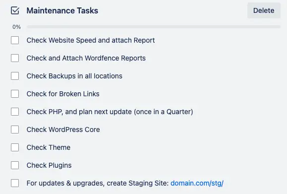 Website Maintenance 8 Screenshot of a Trello card checklist displaying a partial list of frequent monthly website maintenance tasks, including items related to backups, security checks, and performance optimization.
