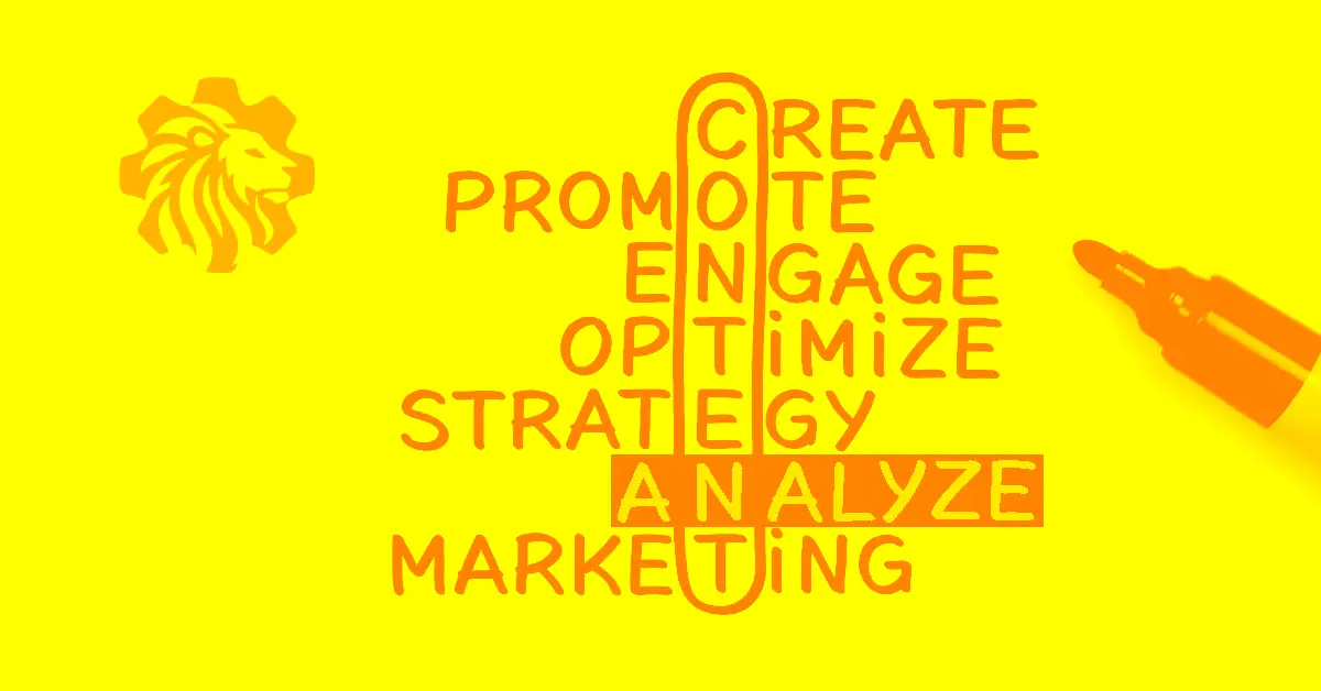 Infographic showing a loop of words: Create, Promote, Optimize, Strategy, Analyze, Marketing, where the letters of each word form the word 'CONTENT,' with 'Analyze' highlighted to emphasize the role of analysis in content audits.