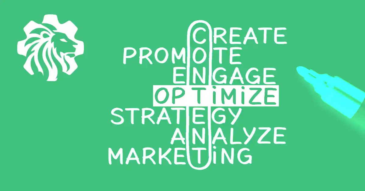 Infographic showing a loop of words: Create, Promote, Optimize, Strategy, Analyze, Marketing, where the letters of each word form the word 'CONTENT,' with 'Optimize' highlighted to emphasize the importance of optimization in content strategy.