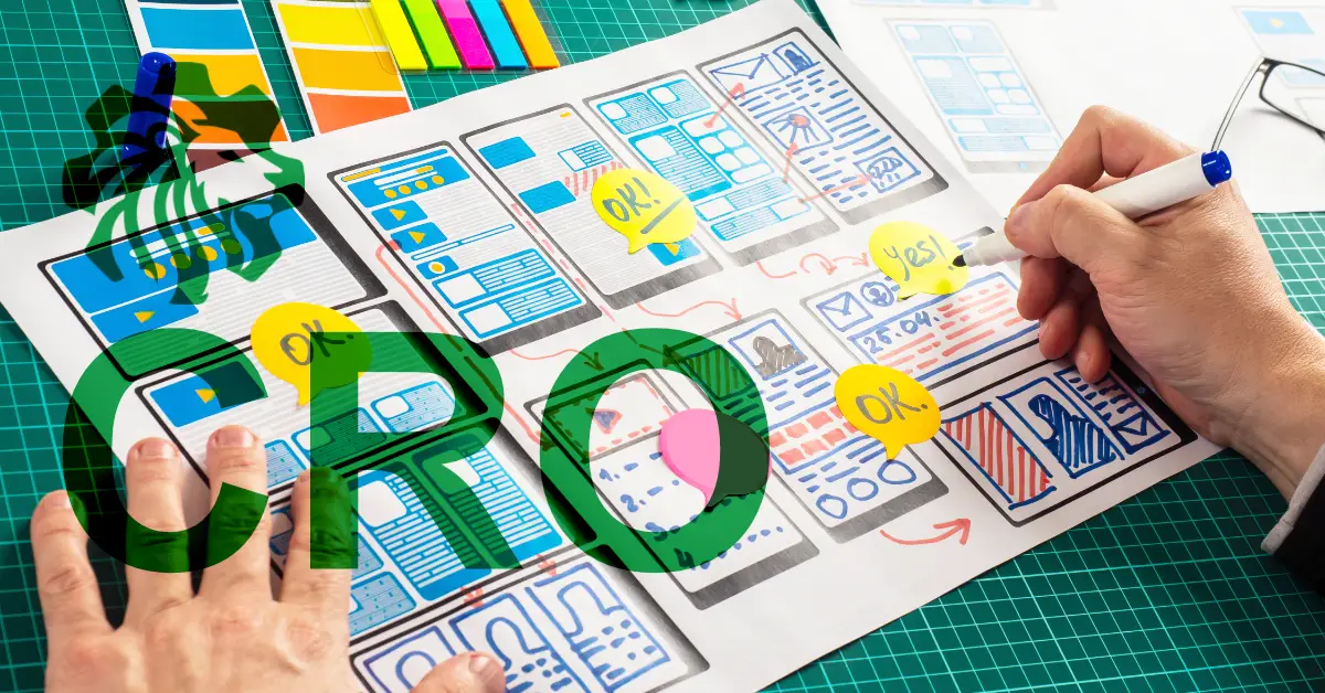 UI/UX designer planning user paths and interactions on paper to improve conversion rate optimization.